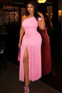 Barbiecore Glam High Slit Pleated Midi Dress