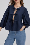 Top Blusa Peplum con Mangas Abullonadas y Lazos