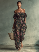 Damen-Chiffon-Jumpsuit mit Blumenmuster, Bandeau, kurzen Ärmeln und Taillierung