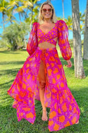 Set costum de baie imprimat cu mâneci lungi și legături