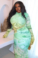 Psychedelic Mint Long Sleeve Slit Maxi Dress
