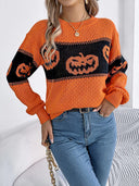 Halloween græskar hoved color-block crewneck strikket sweater