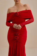 Μάξι Φόρεμα Bodycon με 3D Λουλούδια και Ανοιχτούς Ώμους