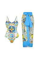 Lemon Print Backless One Piece Swimsuit Set