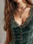 Gilet Vintage in Velluto con Collo in Pizzo e Senza Maniche