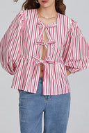 Top Blusa Peplum con Mangas Abullonadas y Lazos