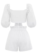 Ensembles short à manches bouffantes et noué devant en lin blanc