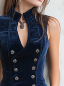 Gilet Vintage in Velluto con Colletto alla Coreana e Bottoni