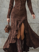 Rochie maxi retro cu tiv neregulat și volane