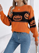 Camisola de Malha com Gola Redonda e Estampa de Cabeça de Abóbora de Halloween em Blocos de Cor