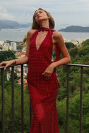 Robe à pois avec col halter bicolore