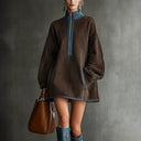 Vestido Casual Solto de Outono e Inverno para Mulher, Estilo Western Retro, em Tecido de Camurça, com Gola Alta e Fecho de Eziper Decorativo