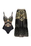 Maillot de bain une pièce noir et or à bretelles fines imprimé