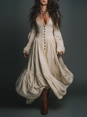 Vestido Maxi de Algodão Elegante Vintage com Renda e Fecho de Um Só Peito