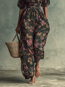 Damen-Chiffon-Jumpsuit mit Blumenmuster, Bandeau, kurzen Ärmeln und Taillierung
