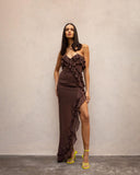 Vestido Midi Romântico com Folhos, Estampado Floral e Fenda