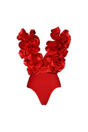Lace Trim V-Neck Red Swimsuit Set