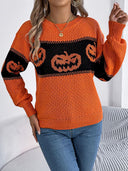 Camisola de Malha com Gola Redonda e Estampa de Cabeça de Abóbora de Halloween em Blocos de Cor
