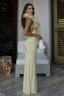 Asymmetrisches Zitronen-Maxikleid mit 3D-Blumen und Neckholder