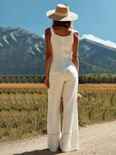 Women's White Linen Sleeveless Suspender Button Jumpsuit With Lace Design