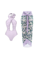 Ensemble maillot de bain dos nu à fleurs 3D avec col halter
