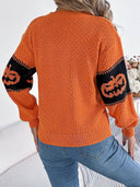 Camisola de Malha com Gola Redonda e Estampa de Cabeça de Abóbora de Halloween em Blocos de Cor