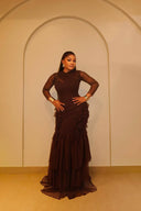 Sheer Mesh Long Sleeve Layered Ruffle Maxi Dress