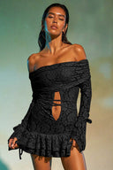 Vestido Mini Elegante de Jacquard com Folhos e Ombros Descobertos
