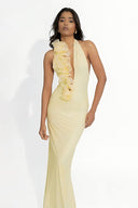 Asymmetrisches Zitronen-Maxikleid mit 3D-Blumen und Neckholder