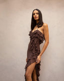 Vestido Midi Romântico com Folhos, Estampado Floral e Fenda