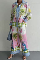 Conjunto de pantalones con diseño de palmeras inspirado en la playa
