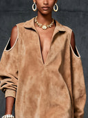 Rochie mini cu umeri decupați din piele întoarsă sintetică camel