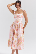 Vestido Midi Cybèle com Estampa de Papoila e Pêssego