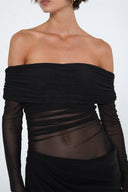 Abito lungo Lillian in mesh trasparente con spalle scoperte