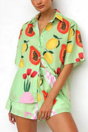 Casual set van cardigan, shirt en korte broek met print