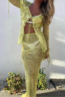Cobra Blouse met Wood Ear Print en Lange Rok Tweedelig Pak