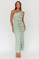 Robe maxi à épaule unique avec volants Haven couleur sauge