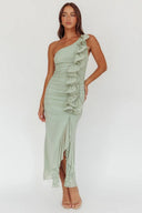 Robe maxi à épaule unique avec volants Haven couleur sauge