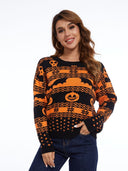 Halloween græskar mønster rund hals strikket sweater