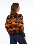Pletený svetr s kulatým výstřihem a halloweenským motivem dýně