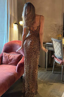 Leopard Slip Rückenfreies Kleid