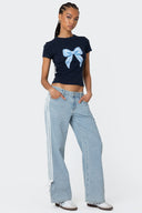 Jeans de Cintura Baixa, Largos, com Risca Lateral e Laço, Perna Larga