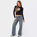 Jeans de Cintura Baixa, Largos, com Risca Lateral e Laço, Perna Larga