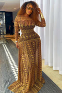 Vintage Feather Print Sheer Maxi Dress