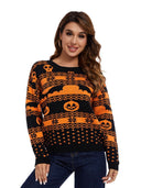 Halloween græskar mønster rund hals strikket sweater
