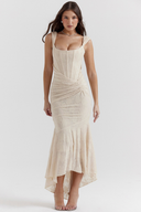Rochie maxi corset Octavie cu pliuri, bej
