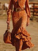 Retro gerafftes orangefarbenes Leoparden-Samt-Maxikleid