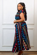 Vestido largo peplum con estampado africano multicolor