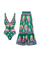 Tief ausgeschnittener V-Ausschnitt Cami Maxikleid Badeanzug Set