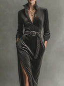 Elegant Corduroy Dress with Tie Neck and Side Slits